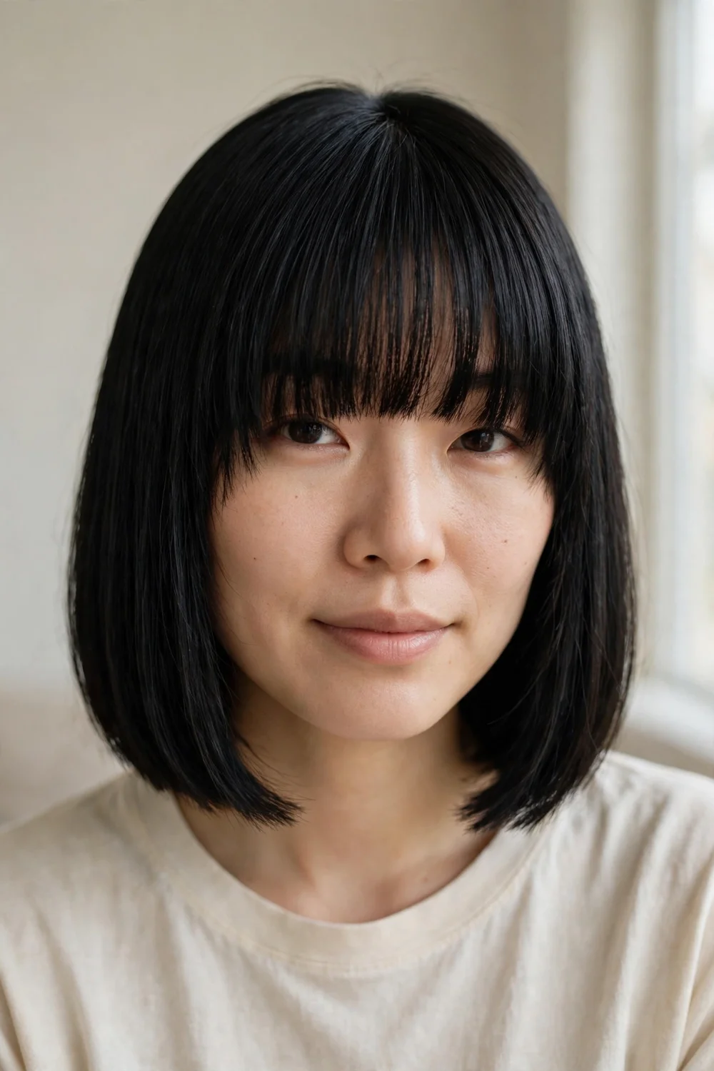 Blunt bob with long eye-skimming bangs