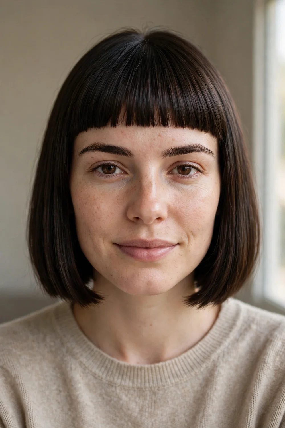Blunt bob with straight long bangs cut across the brows