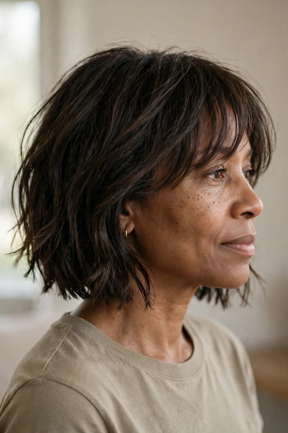 Textured chin-length bob with wispy long bangs