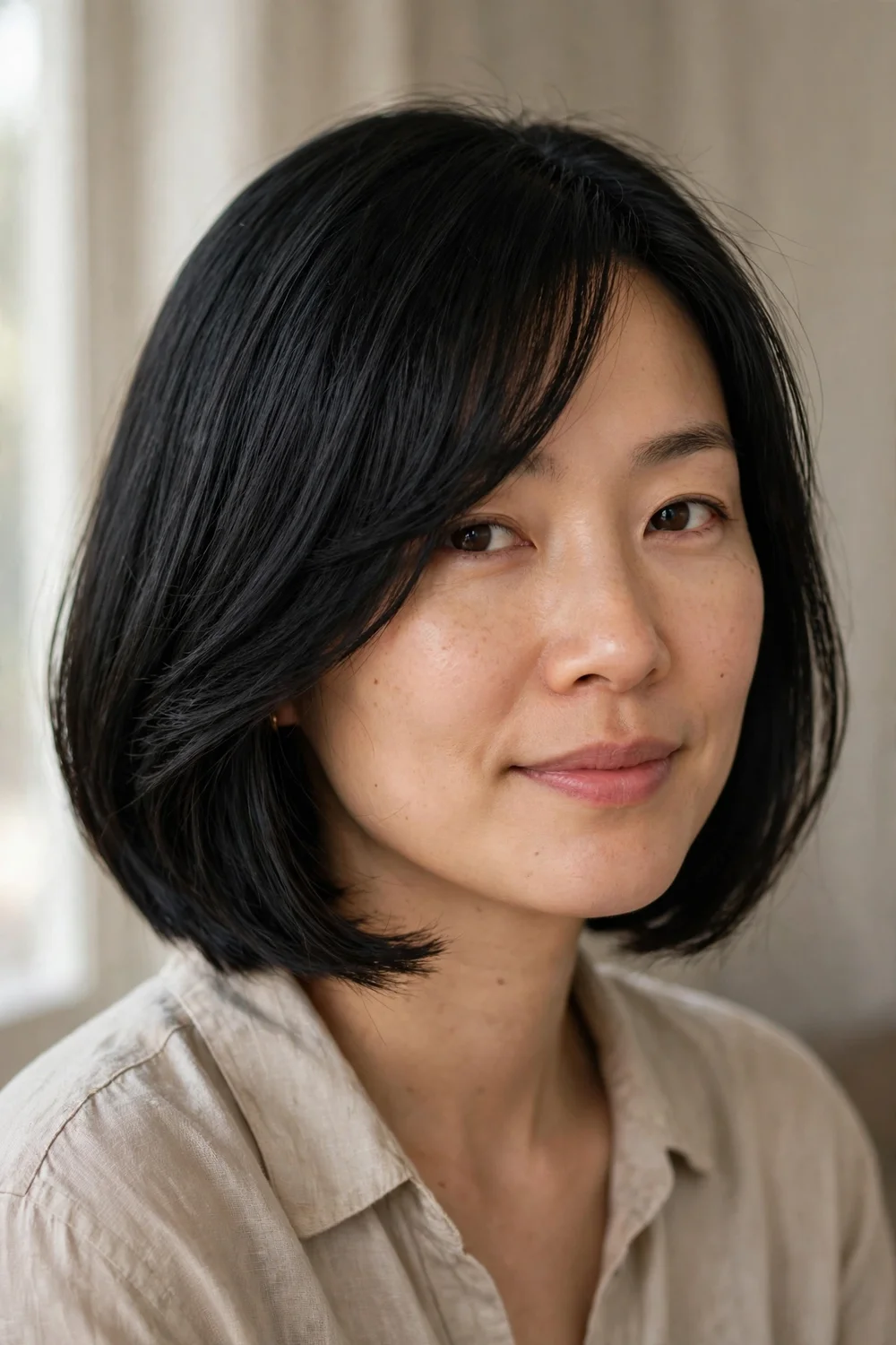 Classic jaw-length bob with long side-swept bangs framing the face