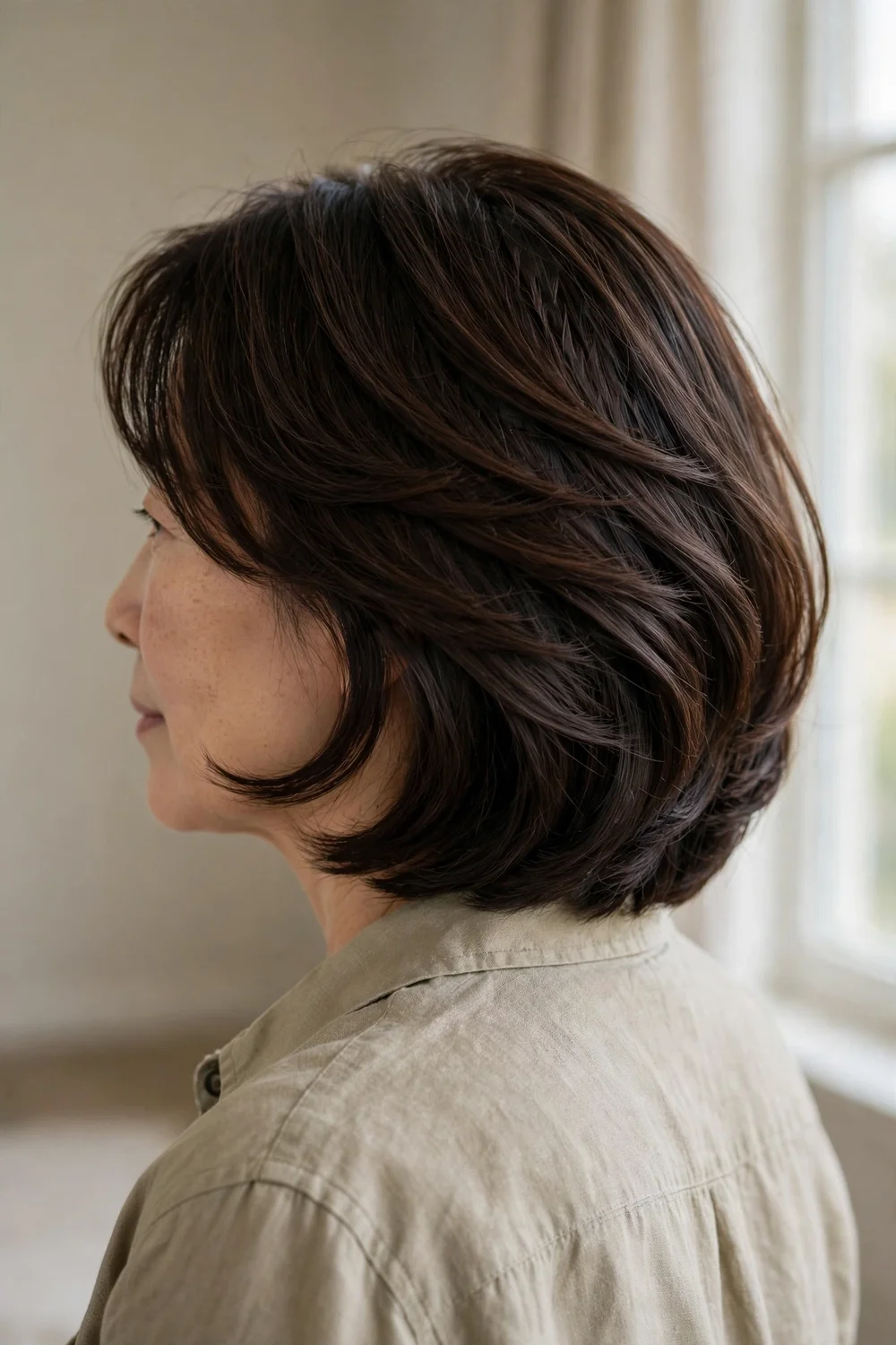 Bob with long feathered bangs swept back
