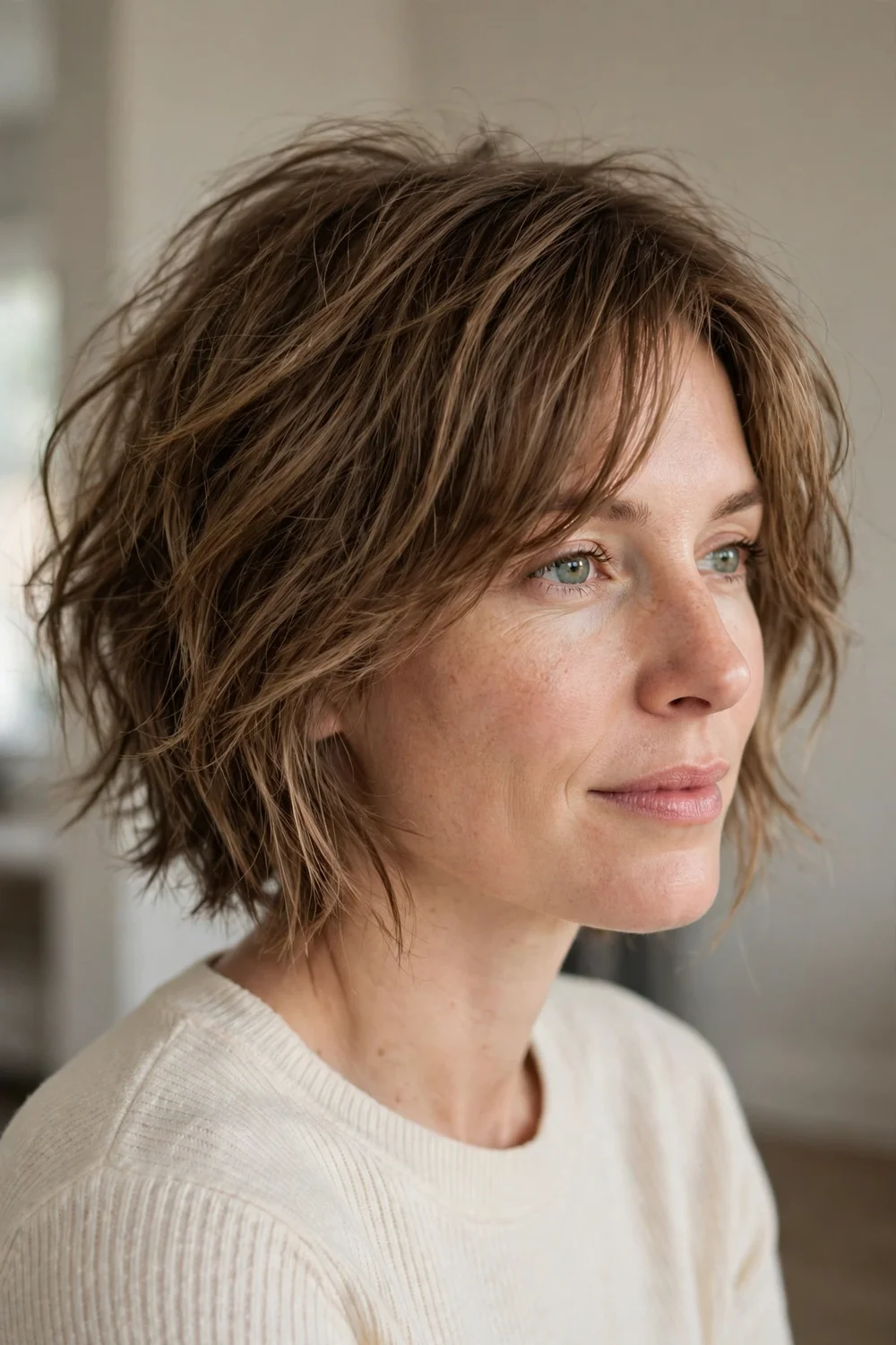 Messy tousled bob with long side-swept bangs