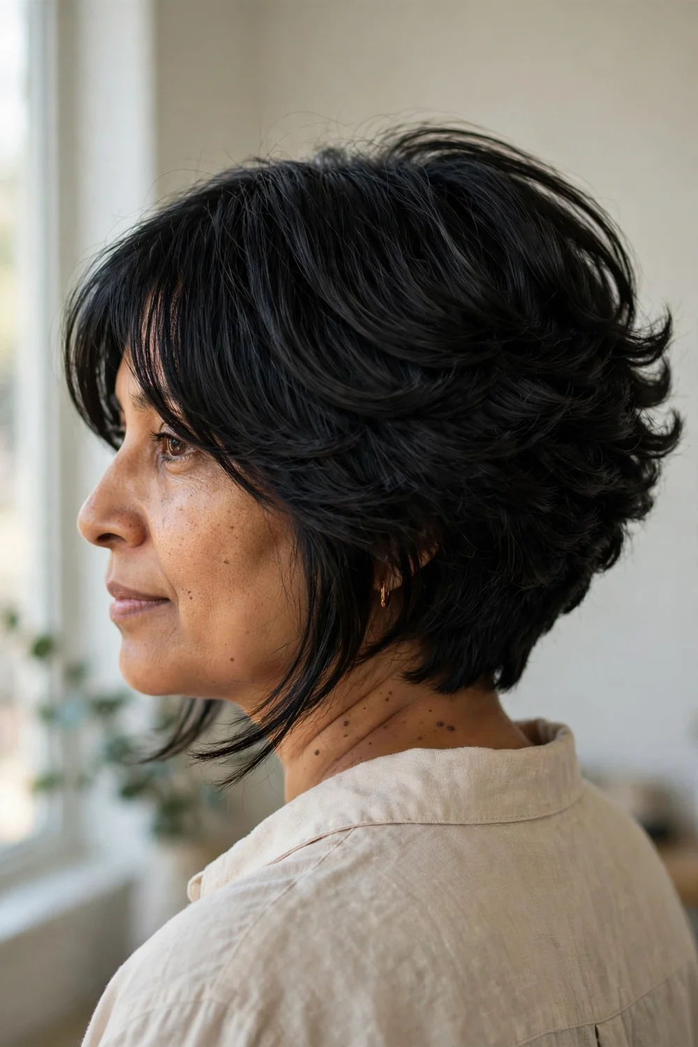 Stacked bob with long bangs and volume at the back