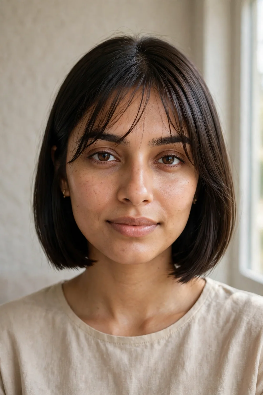 Straight sleek bob with wispy long bangs