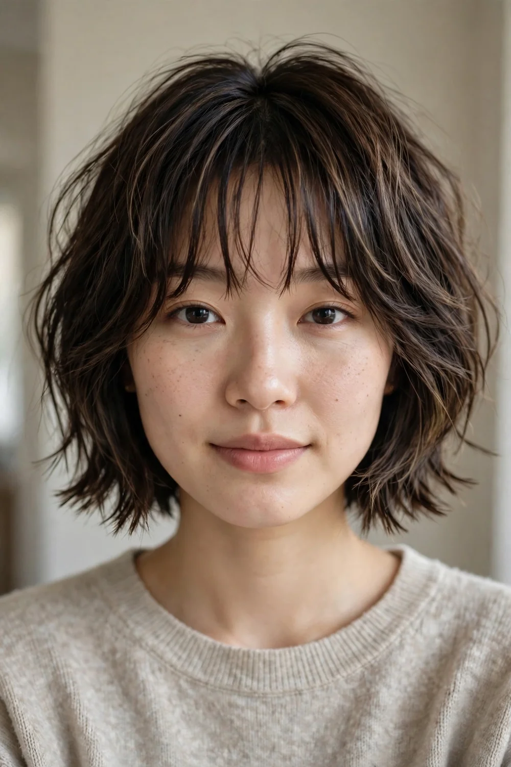 Textured bob with long piecey bangs