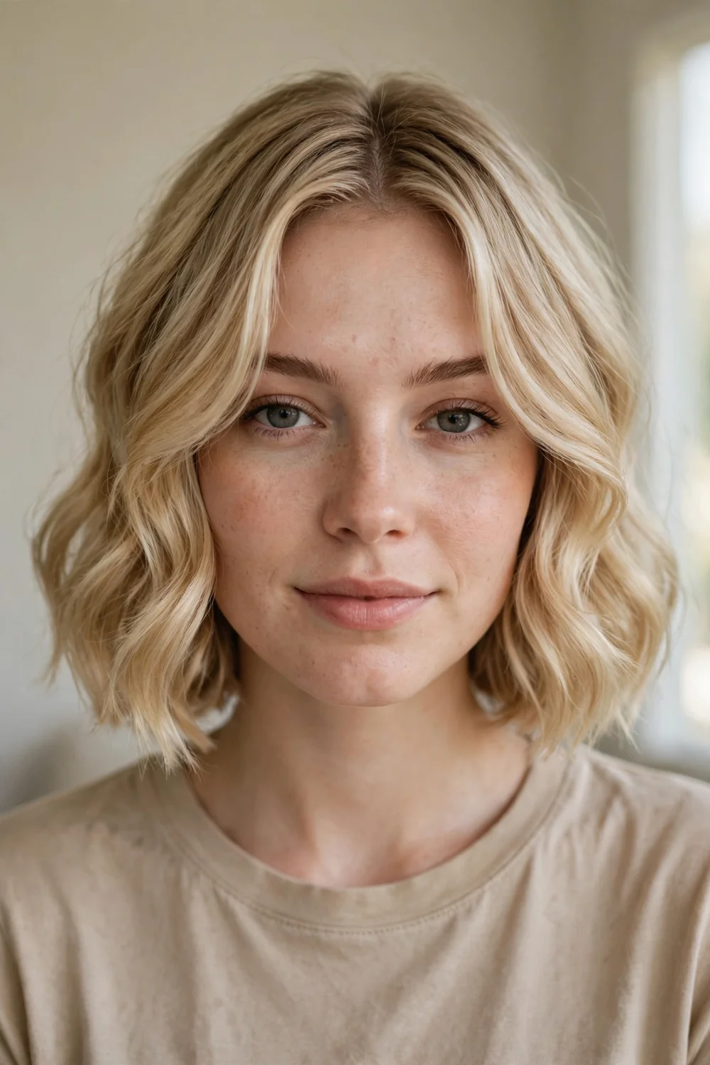 Wavy bob with long curtain bangs parted in the middle