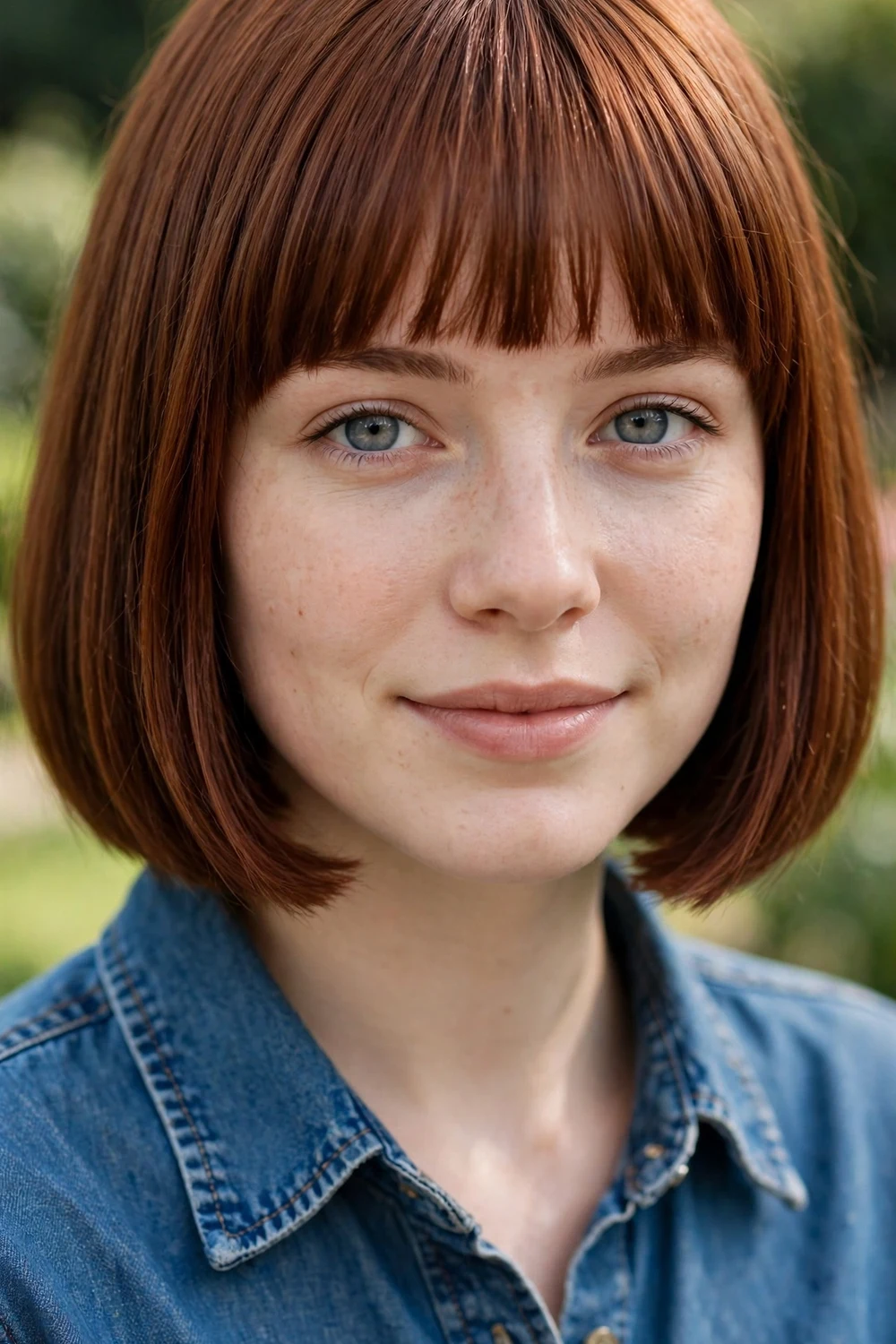 Woman with a bob haircut paired with straight full bangs