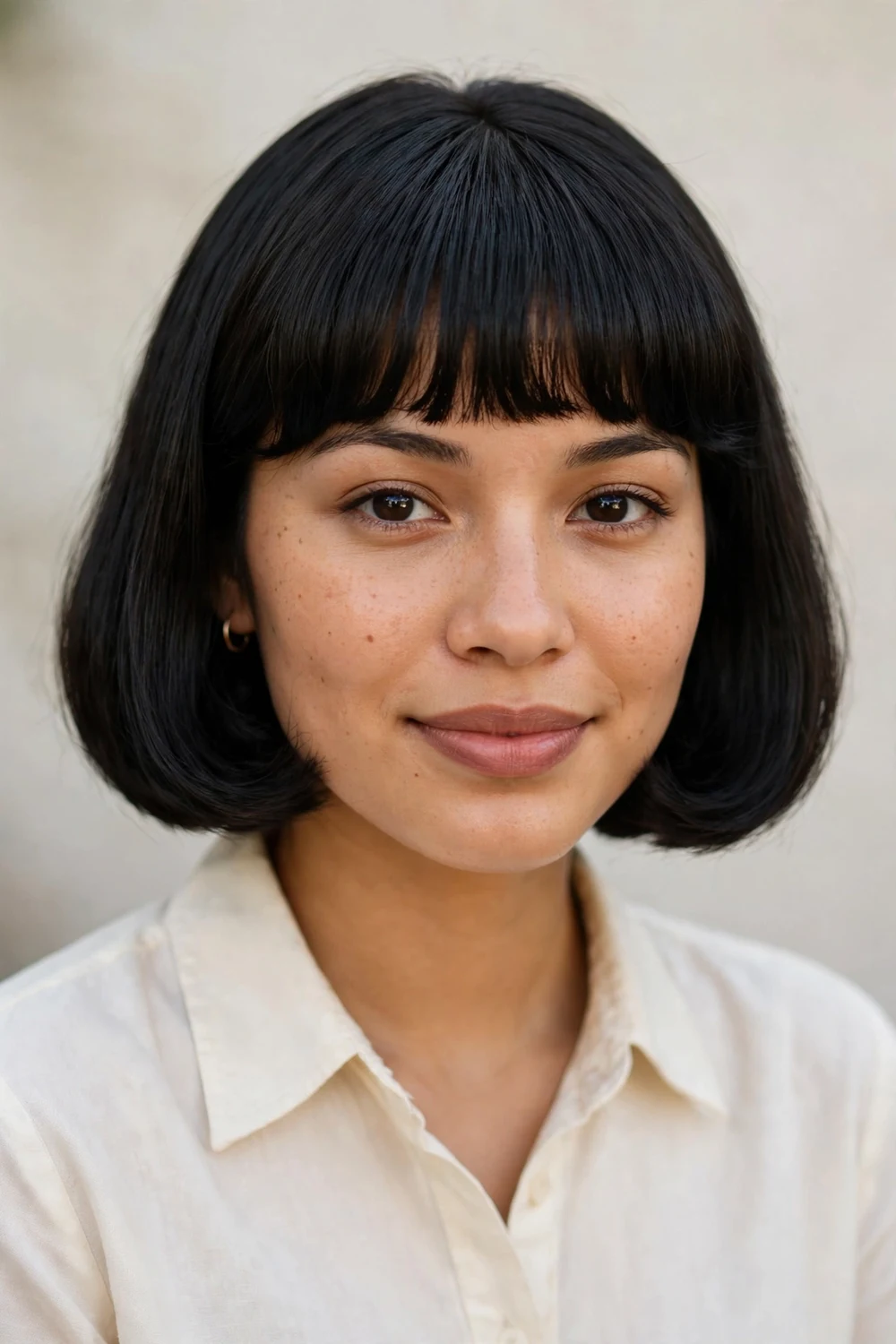 Woman with a bob haircut and full bangs