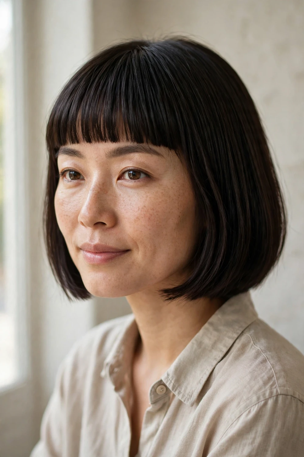 Chin-length bob paired with thick full bangs