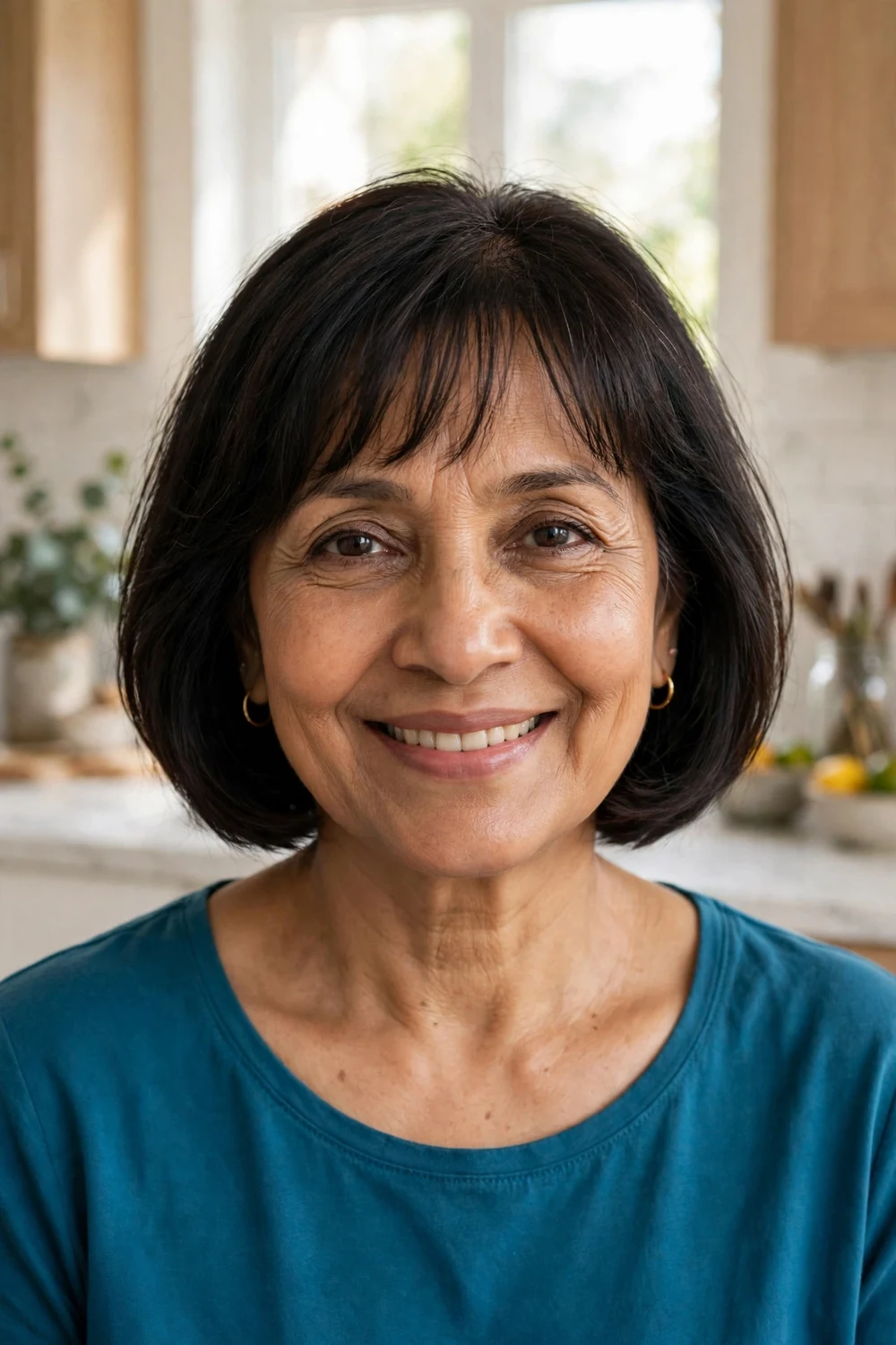 South Asian woman in her late 50s with a dark bob with wispy bangs