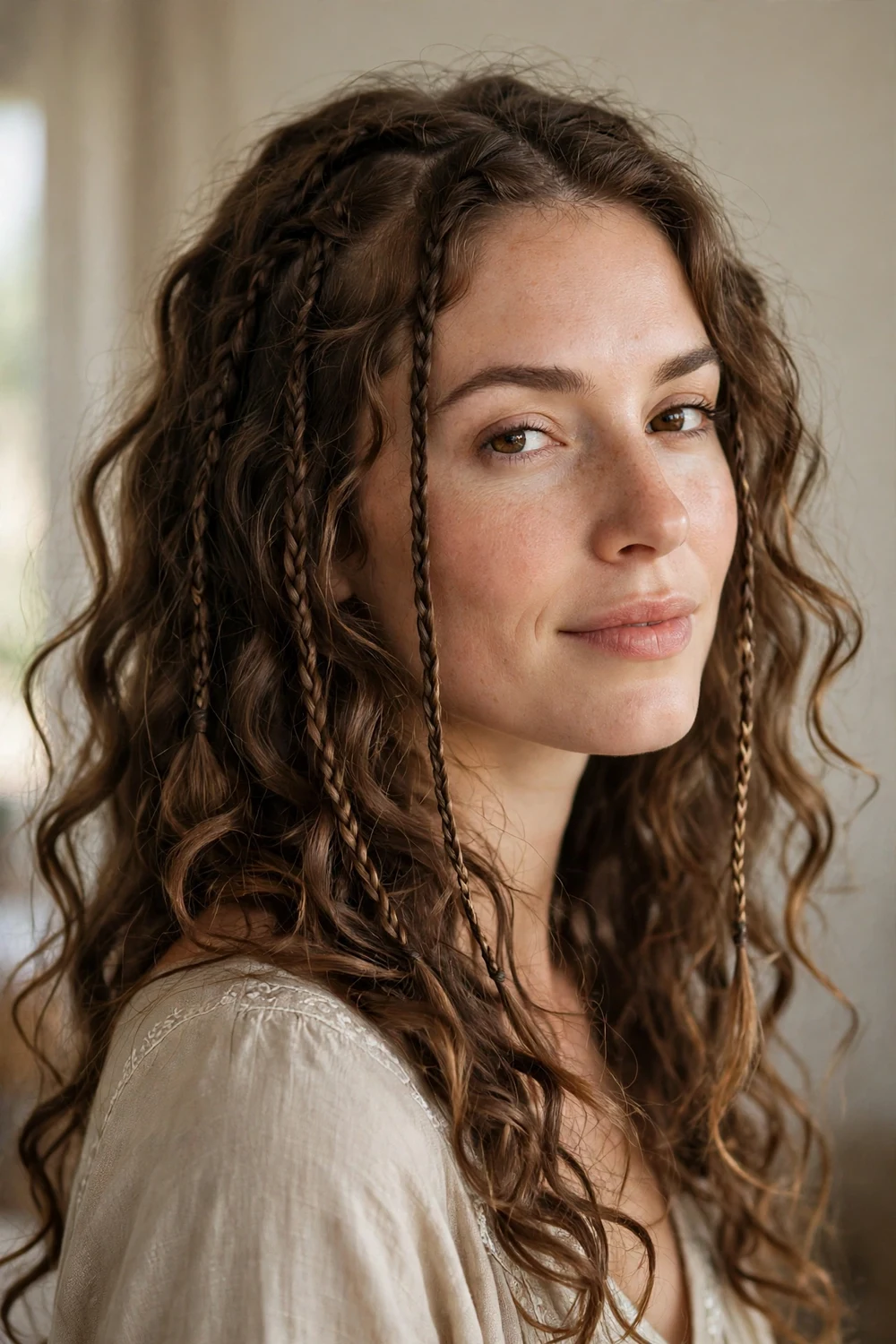 Thin boho accent braids woven through loose curly hair