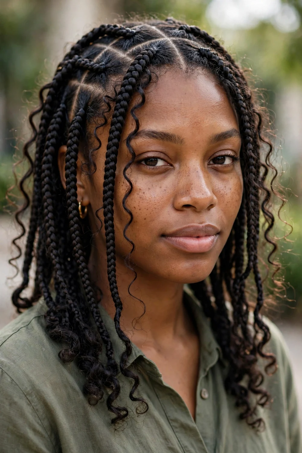 Black woman with classic black knotless boho braids and long curly ends