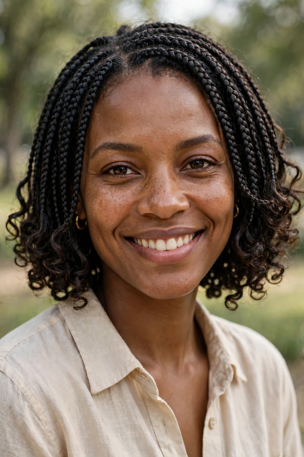 Black woman with boho braid bob, chin-length braids with curly ends