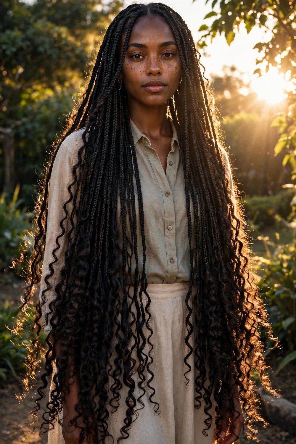 Black woman with boho braids ending in curly and spiral curl ends
