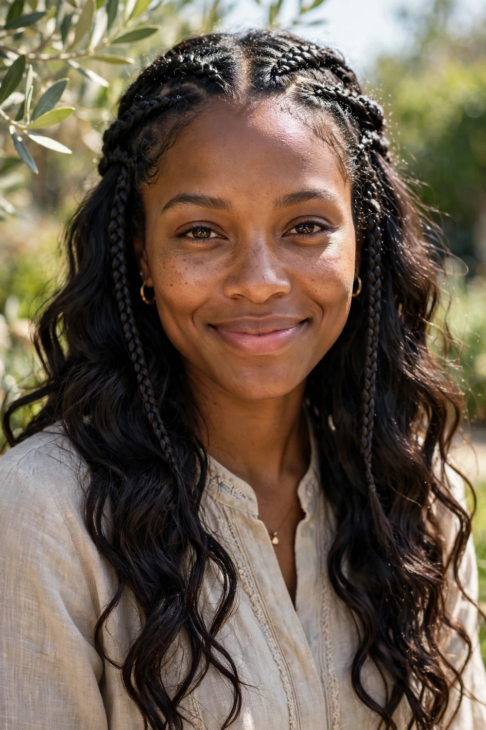 Black woman with water wave boho braids, flowing layered wave texture