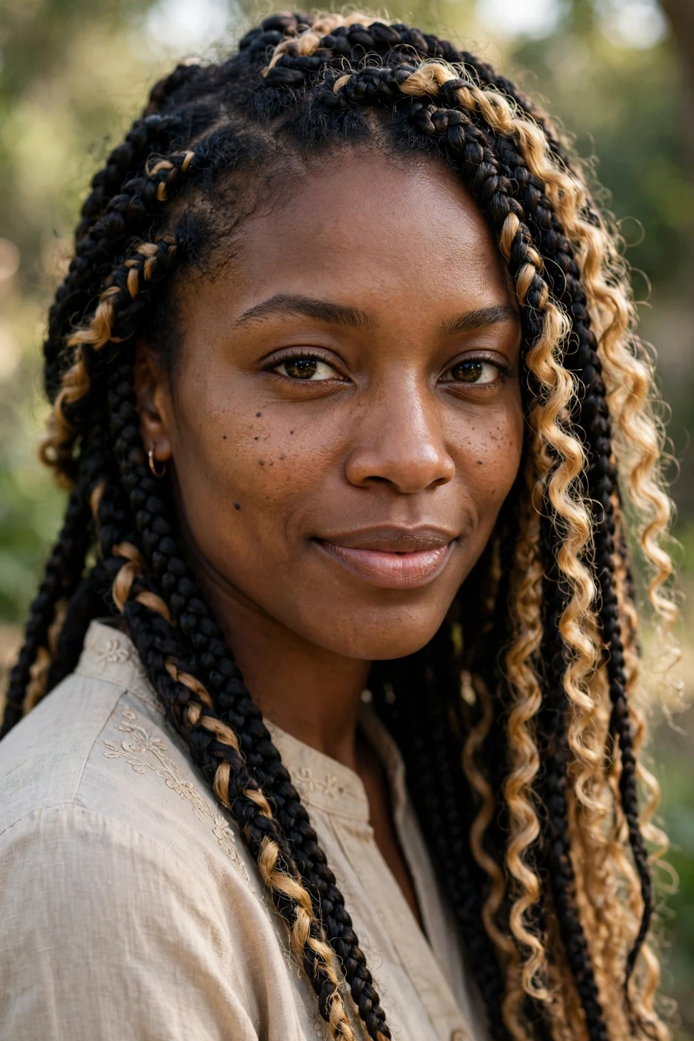 Black woman with goddess boho braids, extra curly strands throughout for volume