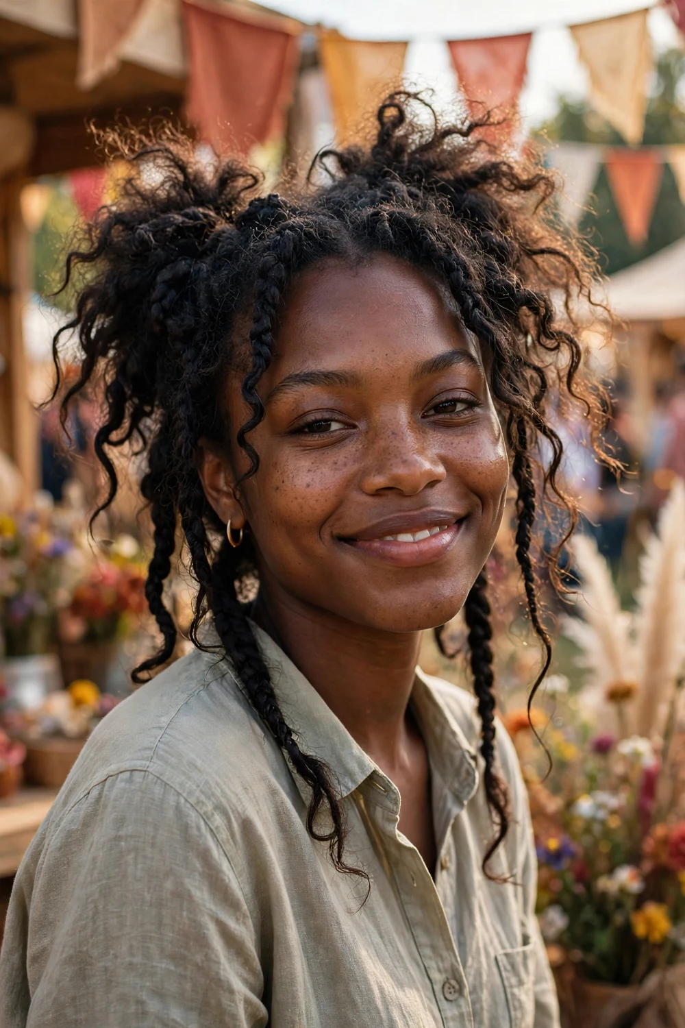 Black woman with boho braids and loose face-framing curls softening features