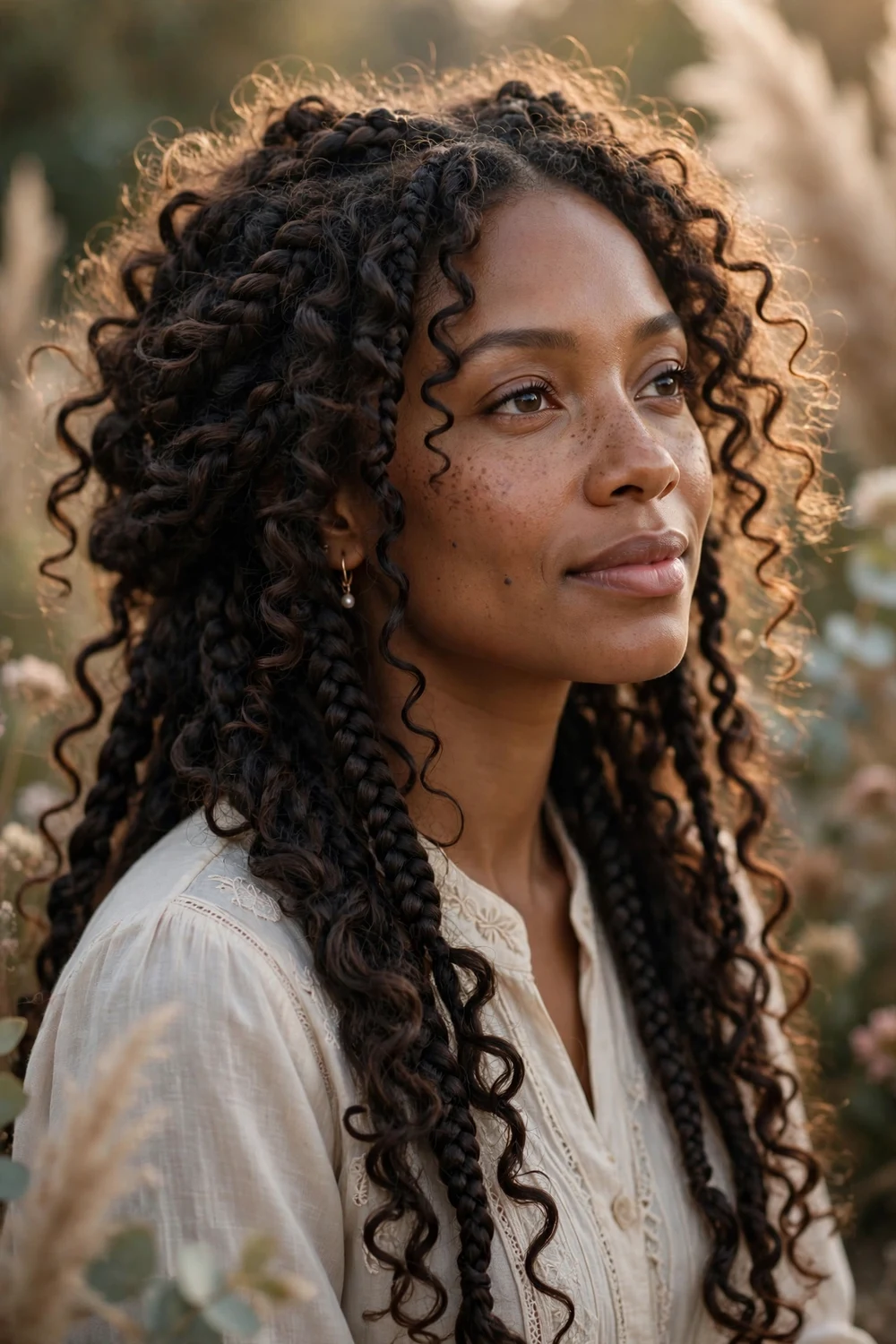 Black woman with dark boho braids and light brown curly strands contrast