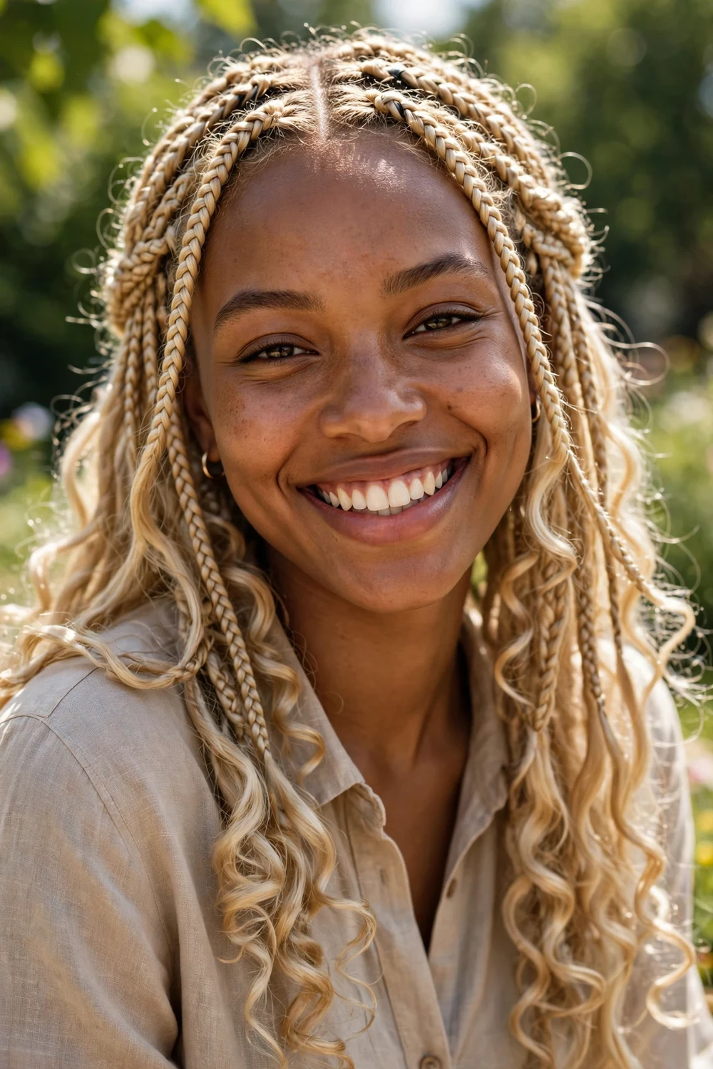 Black woman with blonde knotless boho braids and flowing curls