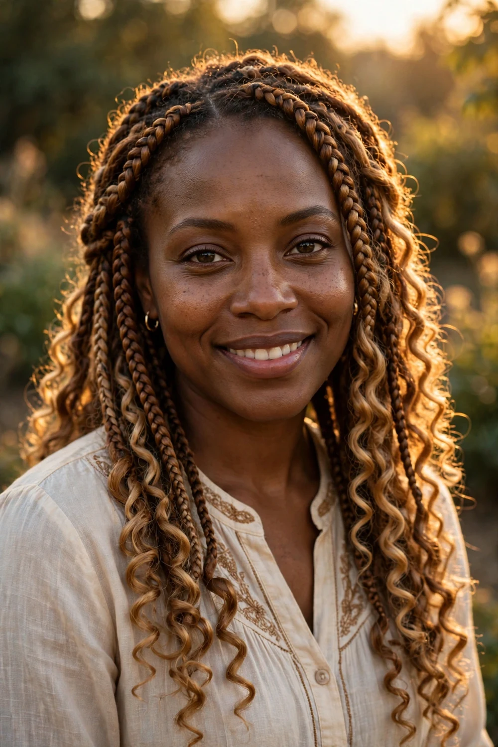 Black woman with dark-rooted blonde boho braids, natural root melting to blonde