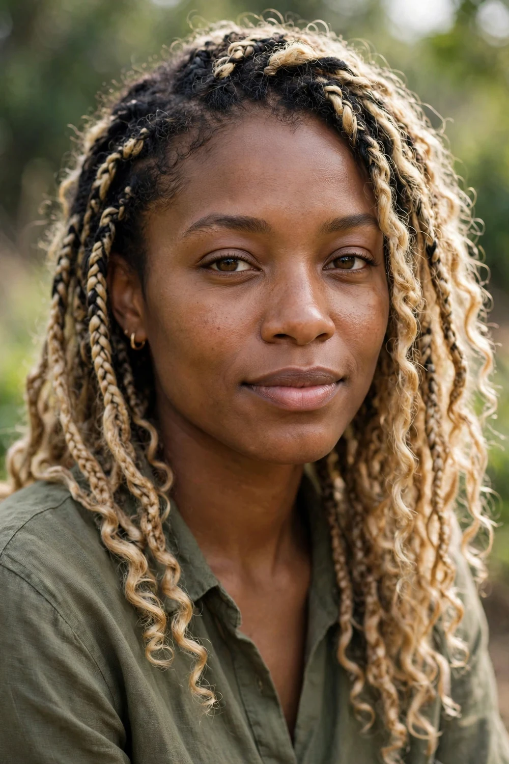 Black woman with caramel and honey brown boho braids, warm dimensional color