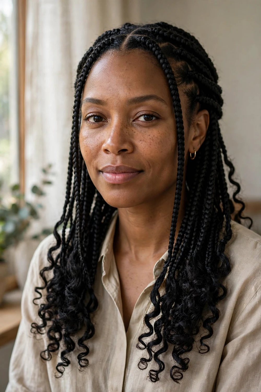 Black woman with square-sectioned boho box braids and curly strands