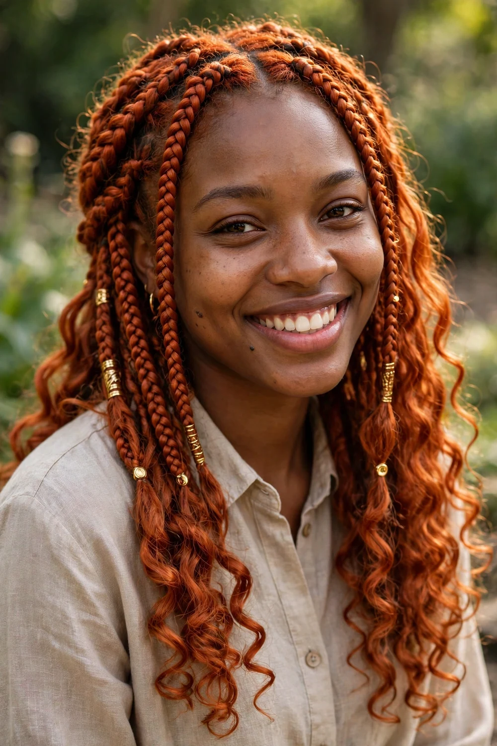 Black woman with ginger copper boho braids and cascading curls