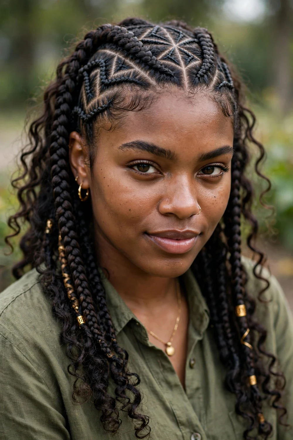 Black woman with cornrow boho braids, thick goddess cornrows with curly ends