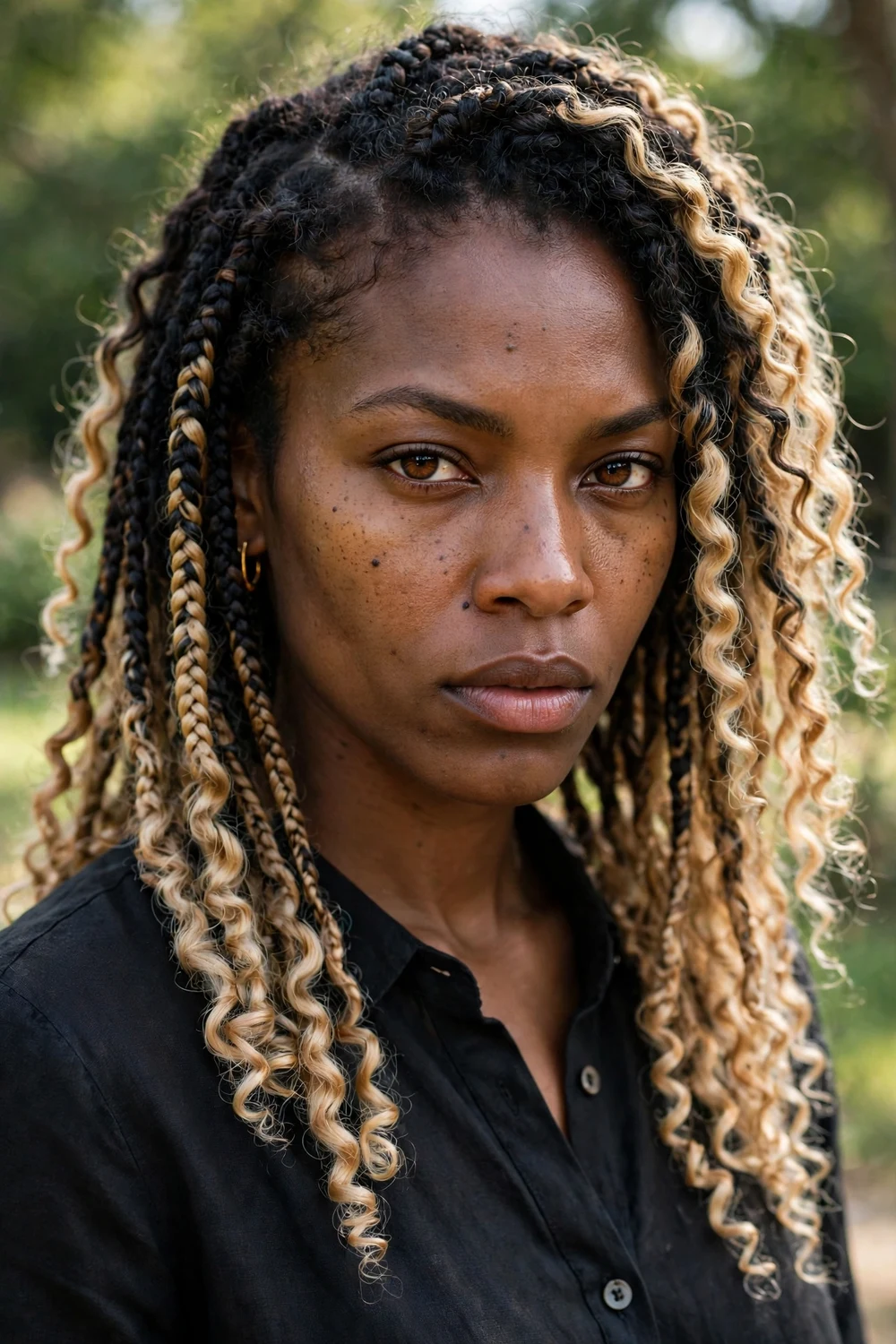 Black woman with boho fulani braids, center part cornrows with curls and beads