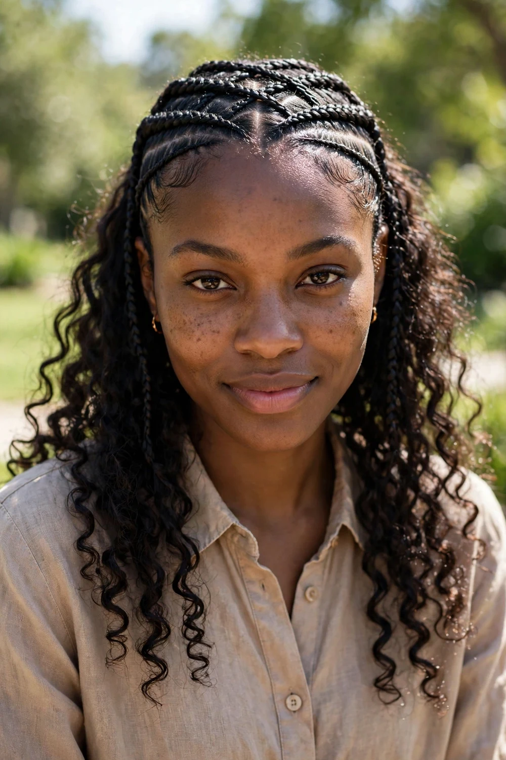 Black woman with criss-cross boho braids, crossed braid pattern at crown with curls