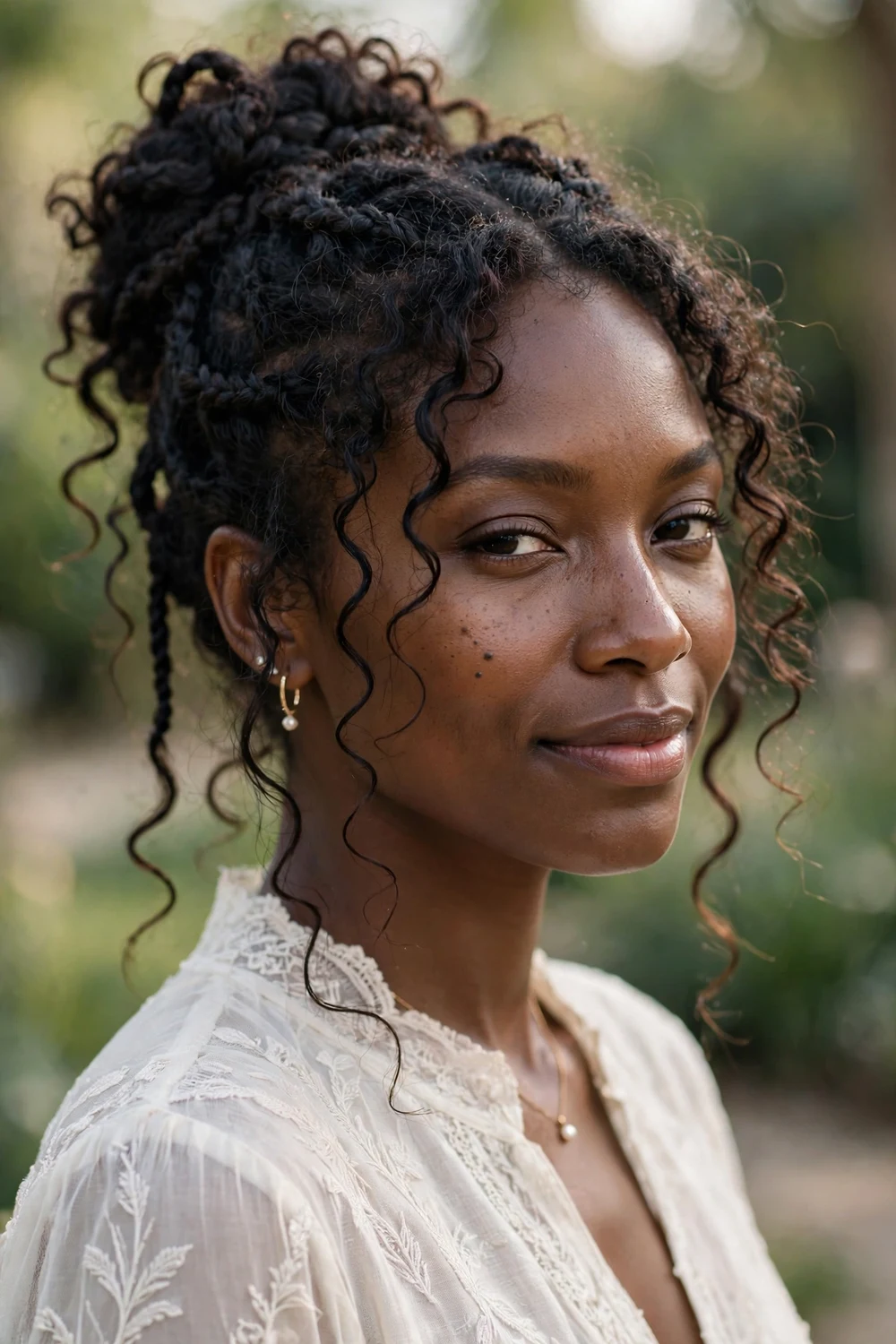 Black woman with boho braids and bubble braids framing the face