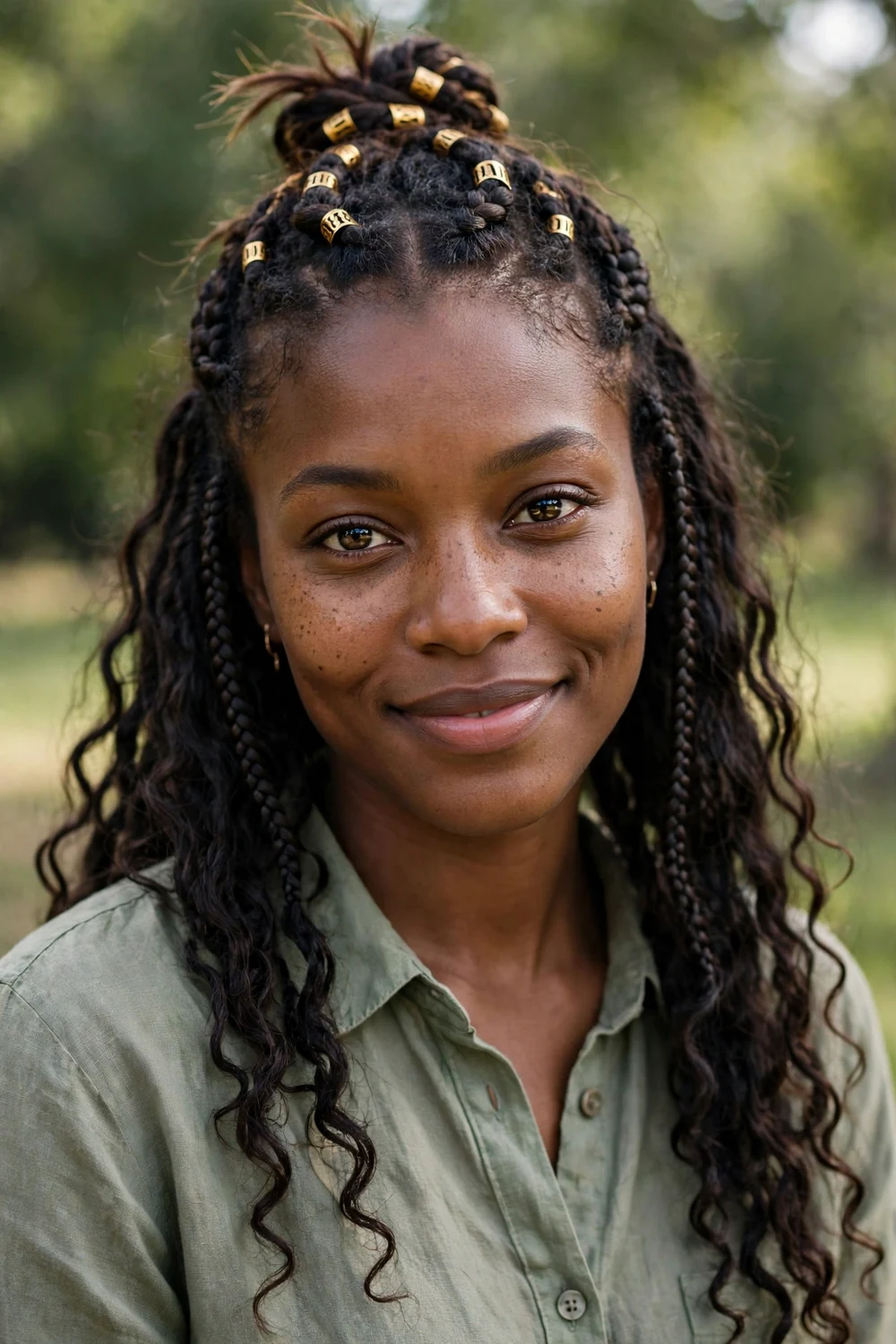 Black woman with boho braid bun, high curly bun with loose tendrils