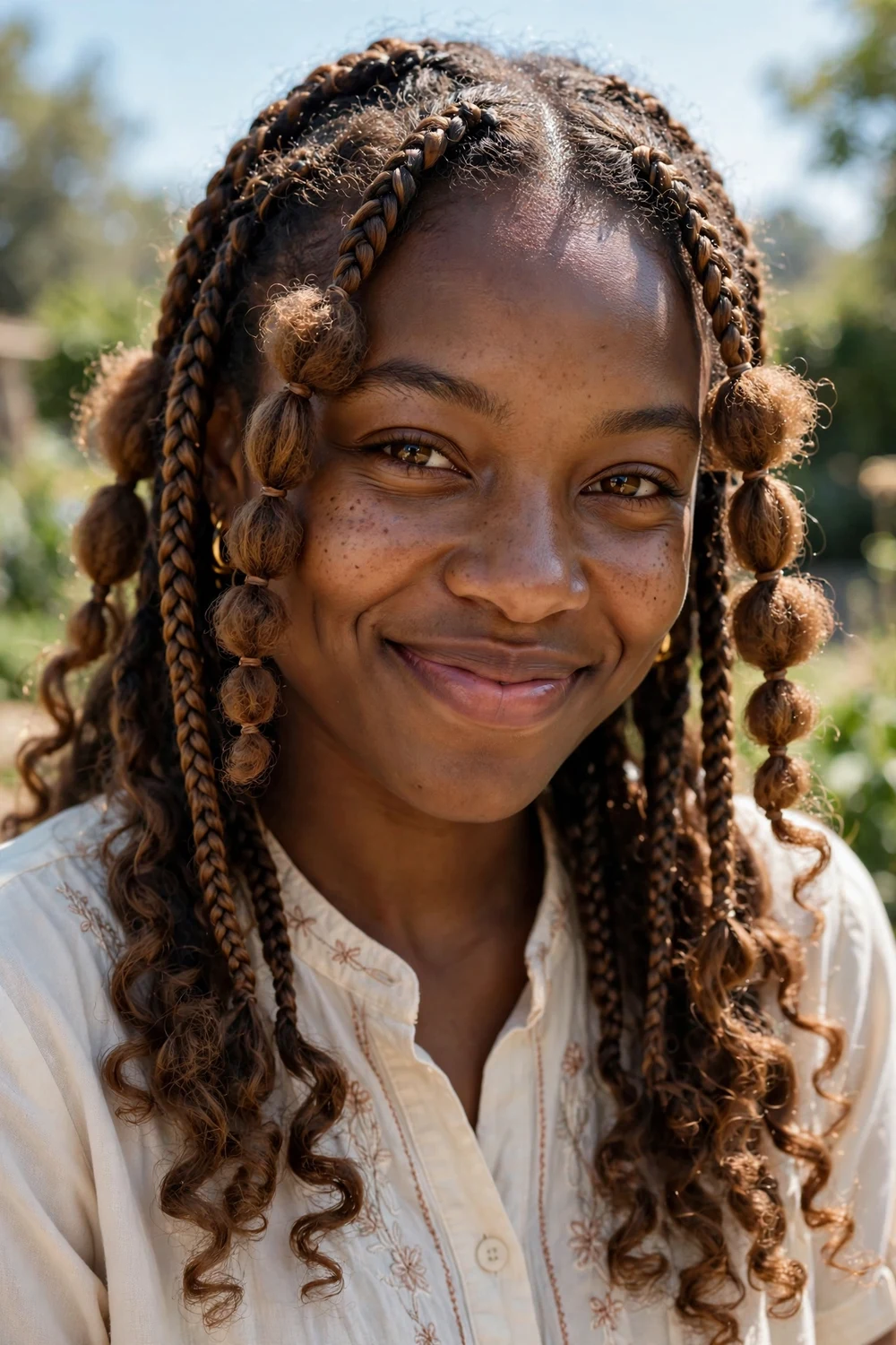 Black woman with high ponytail boho braids, curly ponytail with volume