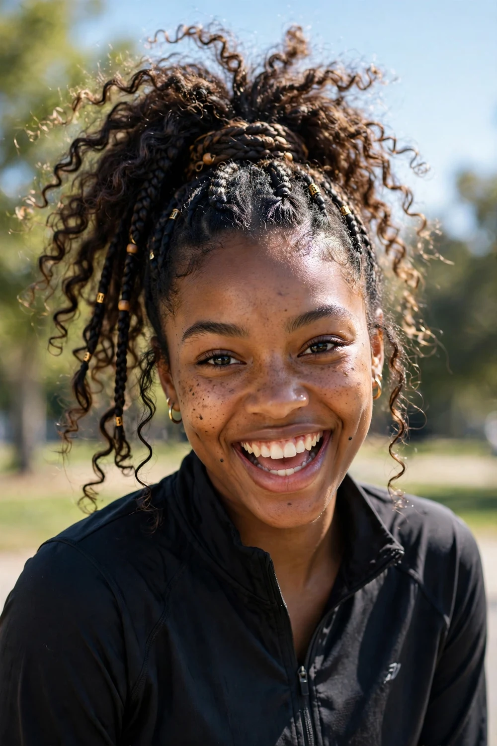 Black woman with half-up half-down boho braids, top gathered with curls flowing