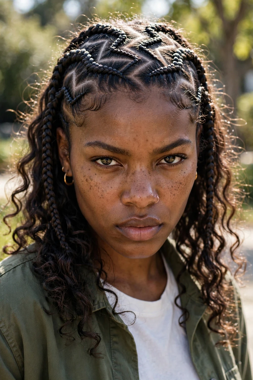 Black woman with heart-part boho braids, heart-shaped scalp parting with curls