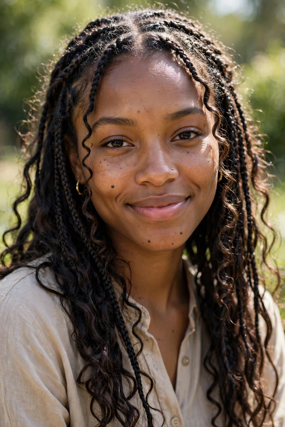 Black woman with small boho braids, fine braids with loose curls throughout