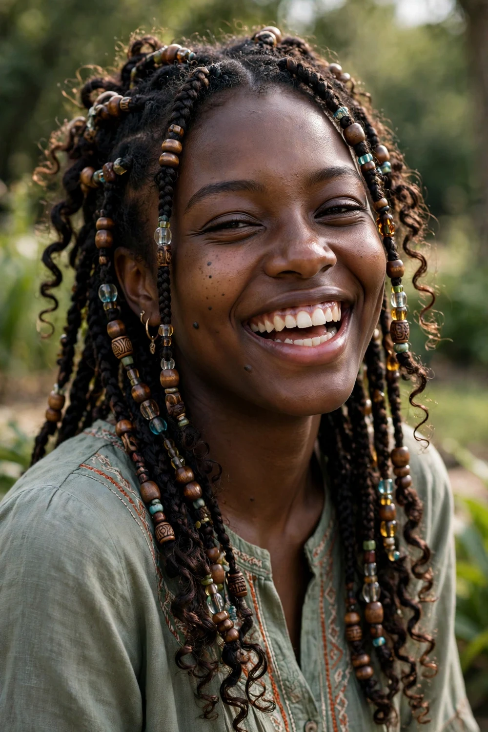 Black woman with zigzag part boho braids, geometric parting with curly texture