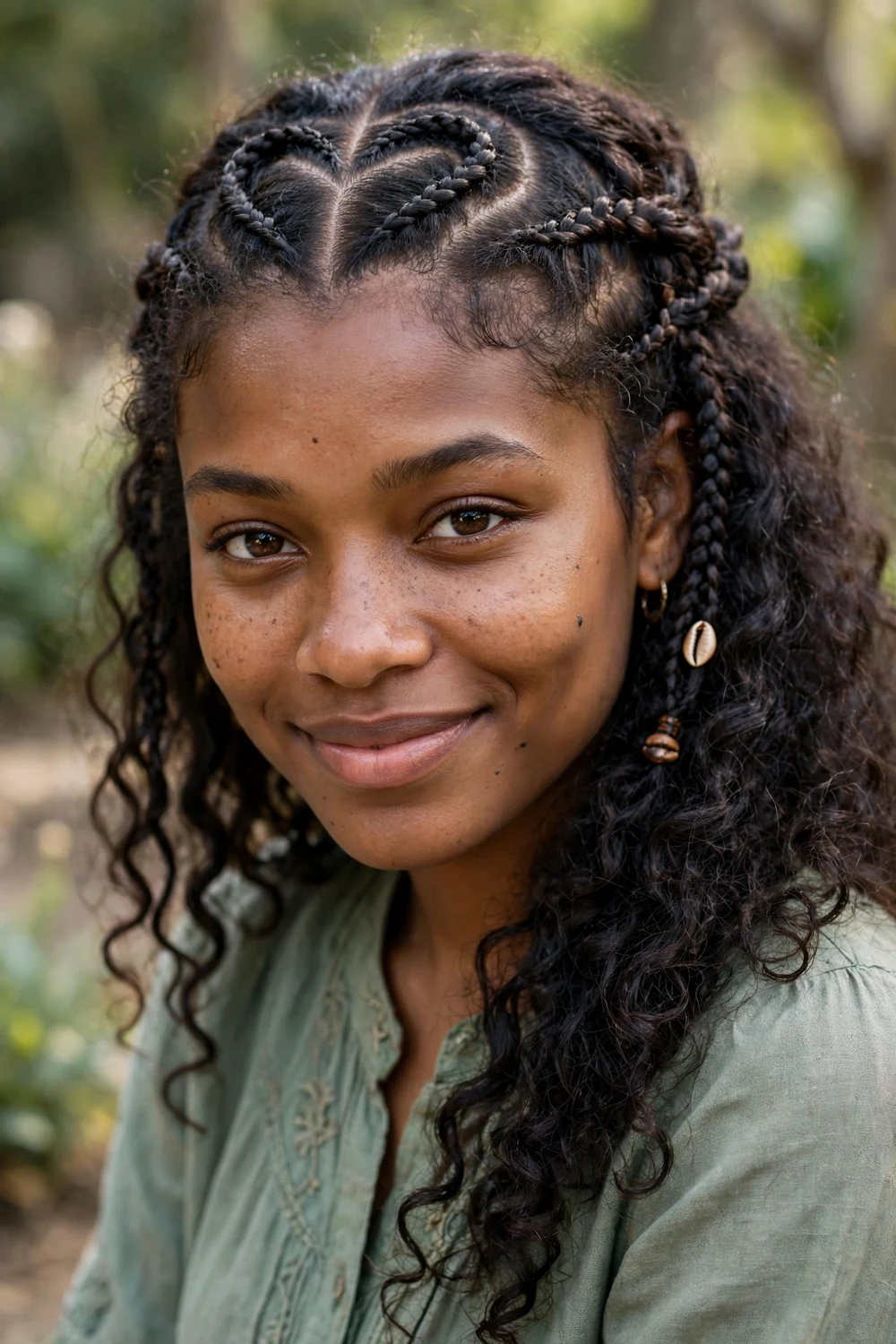 Black woman with beaded boho braids, wooden and glass beads in curls