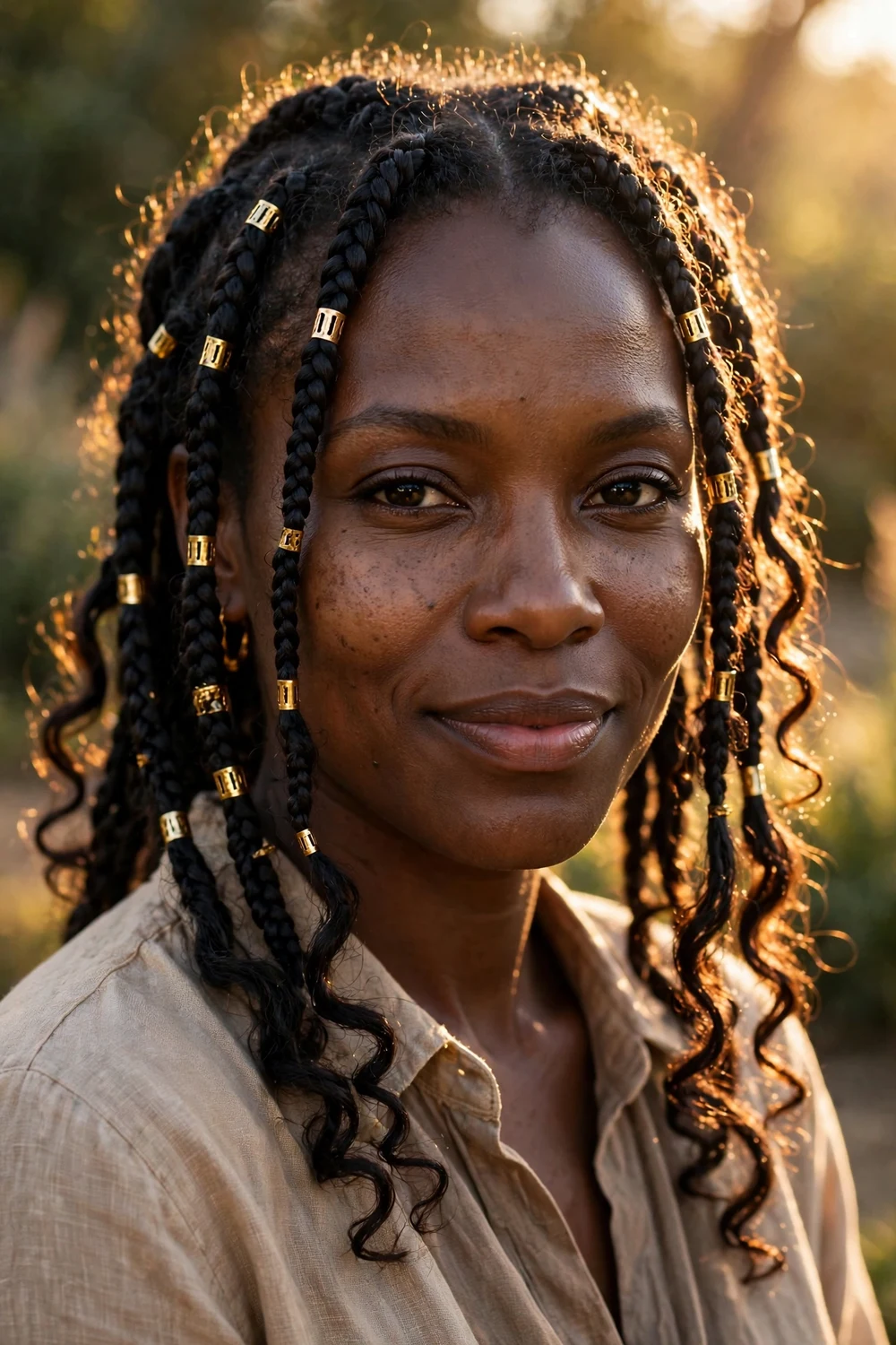 Black woman with gold cuff boho braids, metallic cuffs accenting braids