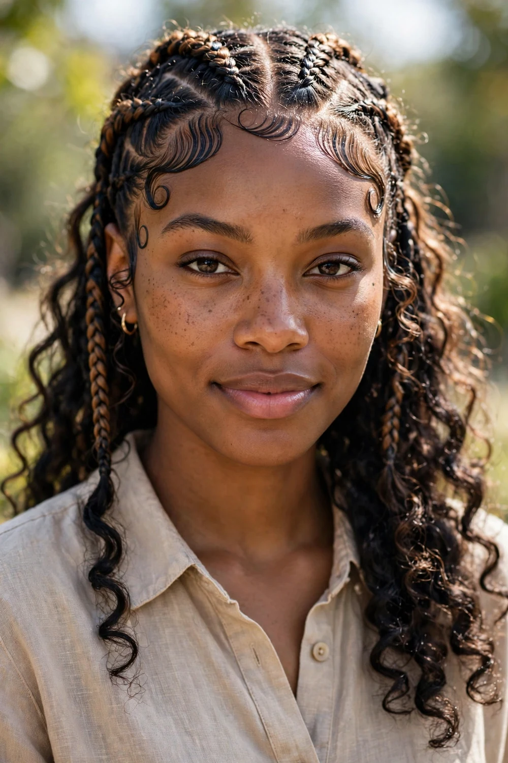 Black woman with boho braids and styled baby hair along hairline