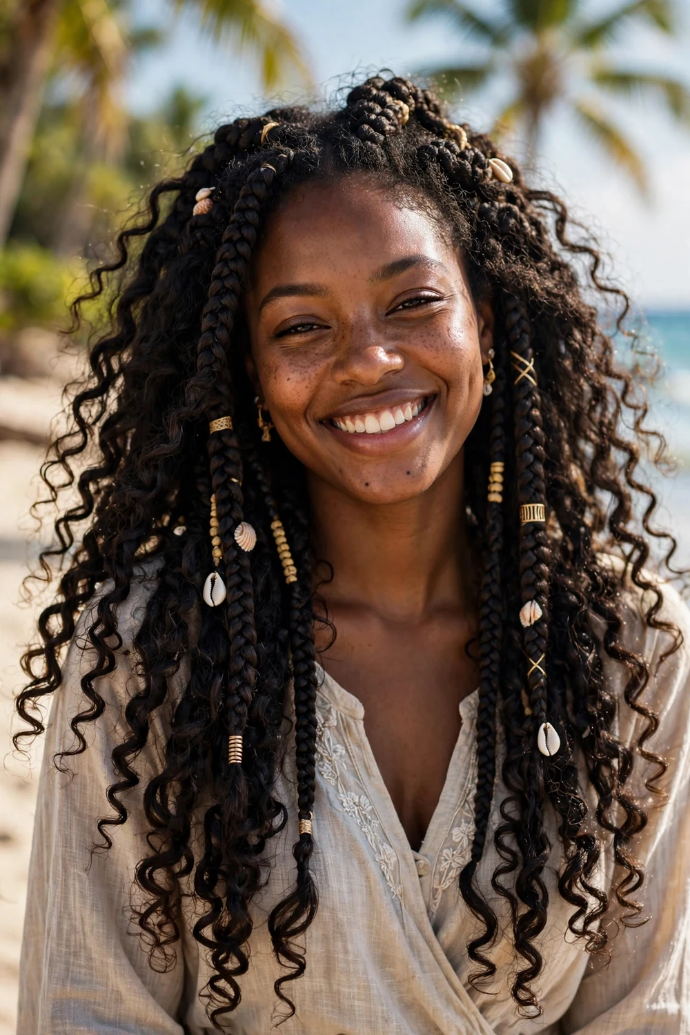 Black woman with layered boho braids, staggered lengths adding movement