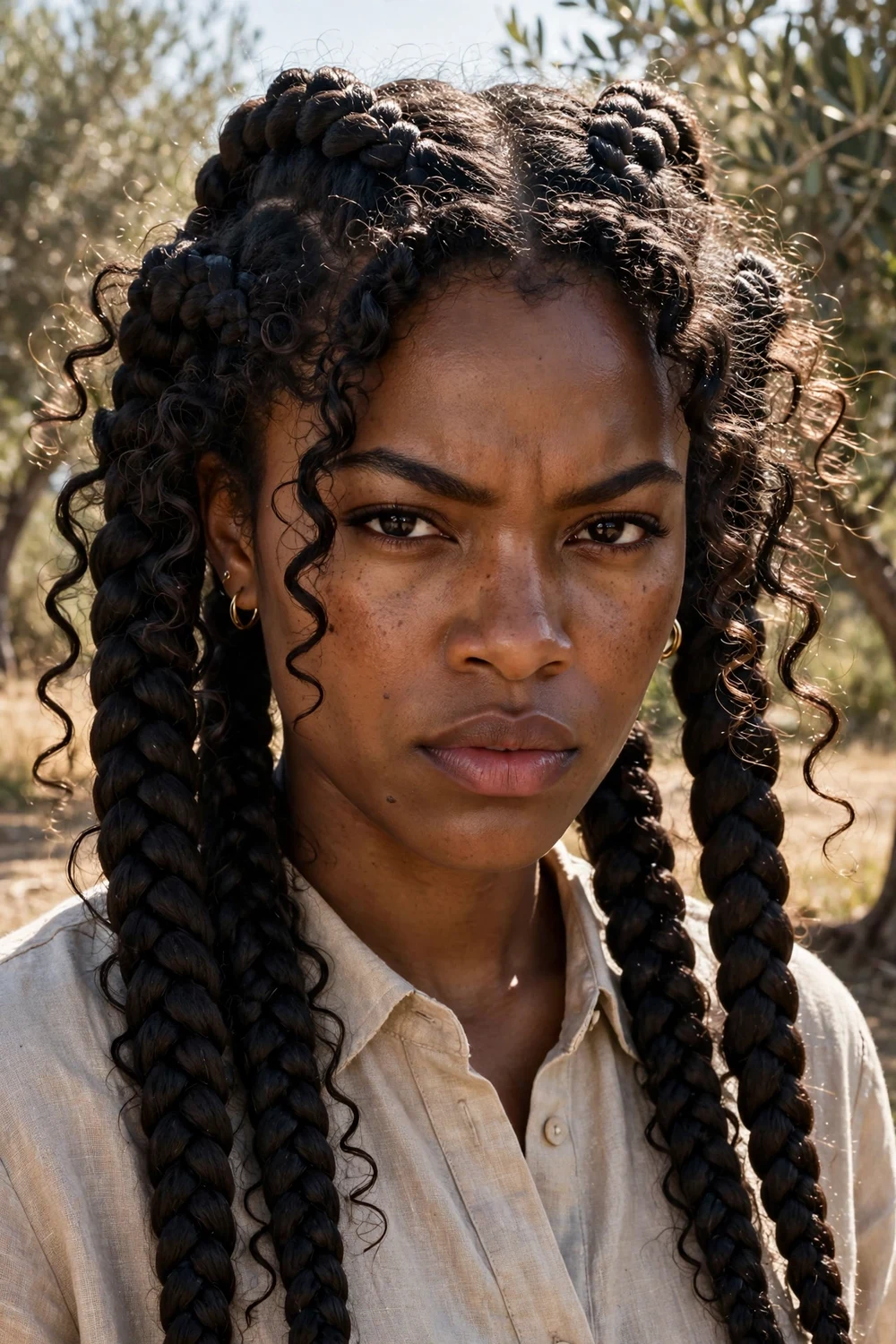 Black woman with six-braid statement boho, few large braids with curly strands