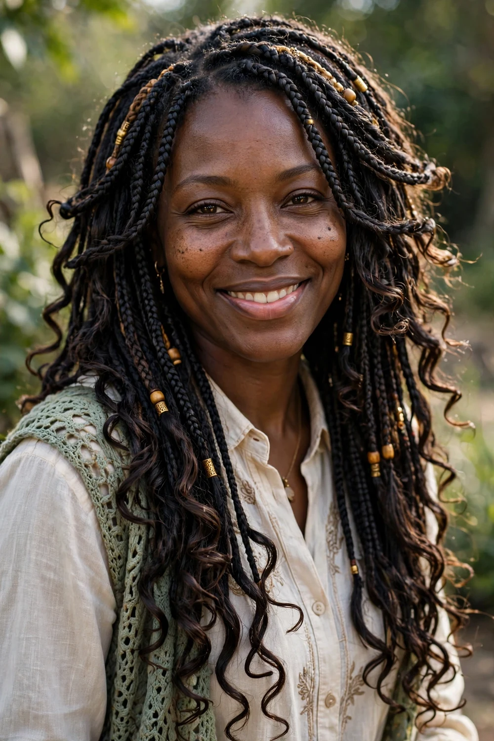 Black woman with bora bora goddess boho braids, vacation-ready voluminous curls