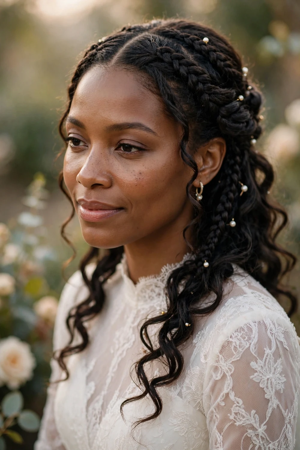 Black woman with braided bantu knots, coiled knots with curly ends