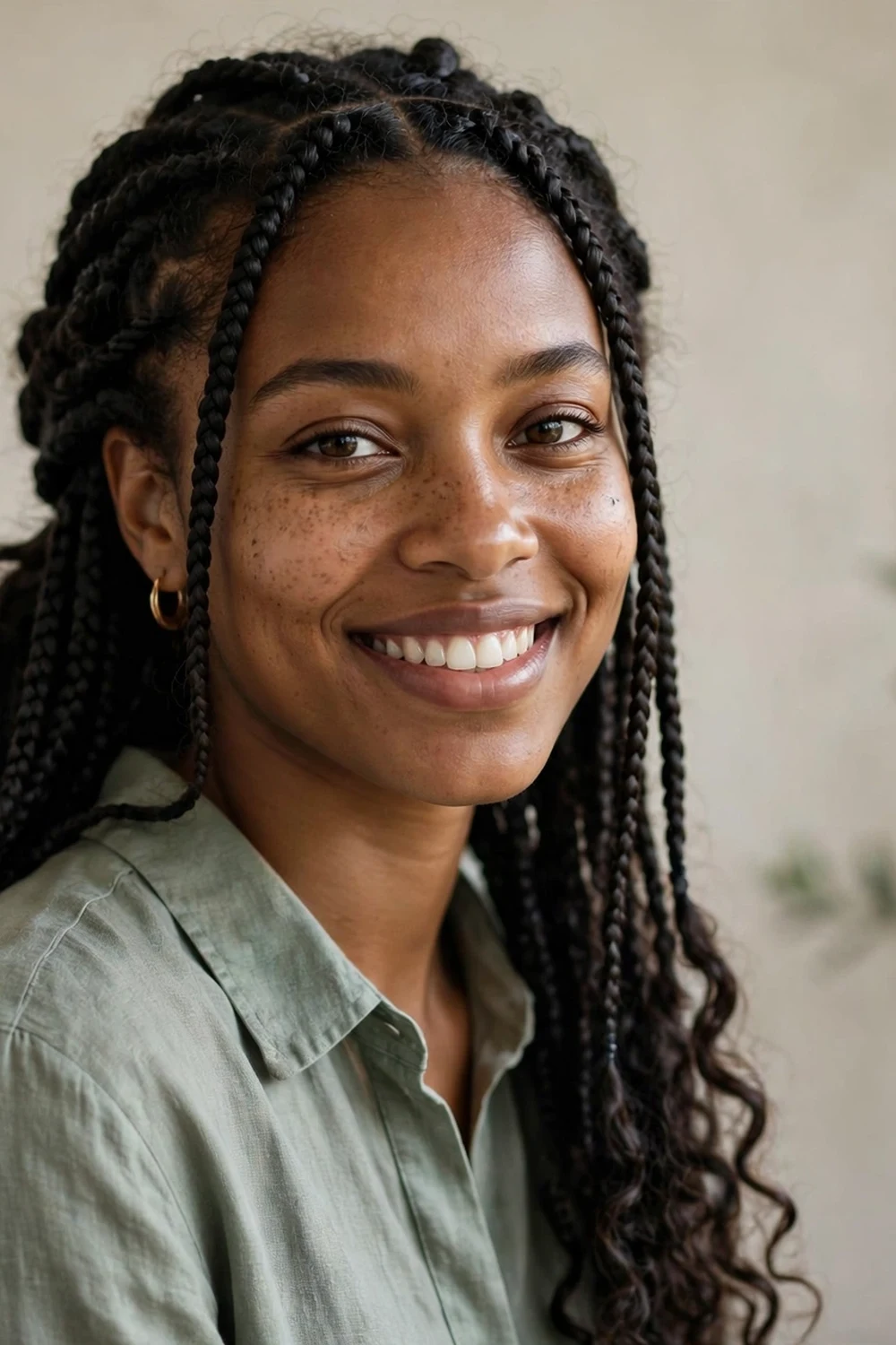 Black woman with elegant wedding boho braids, polished curly updo