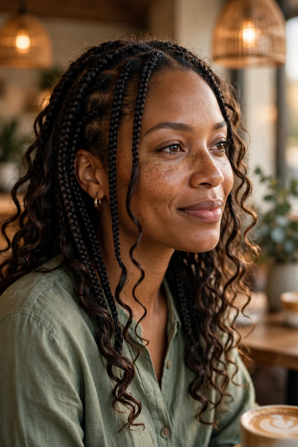 Black woman with medium boho braids, balanced braids with flowing curls