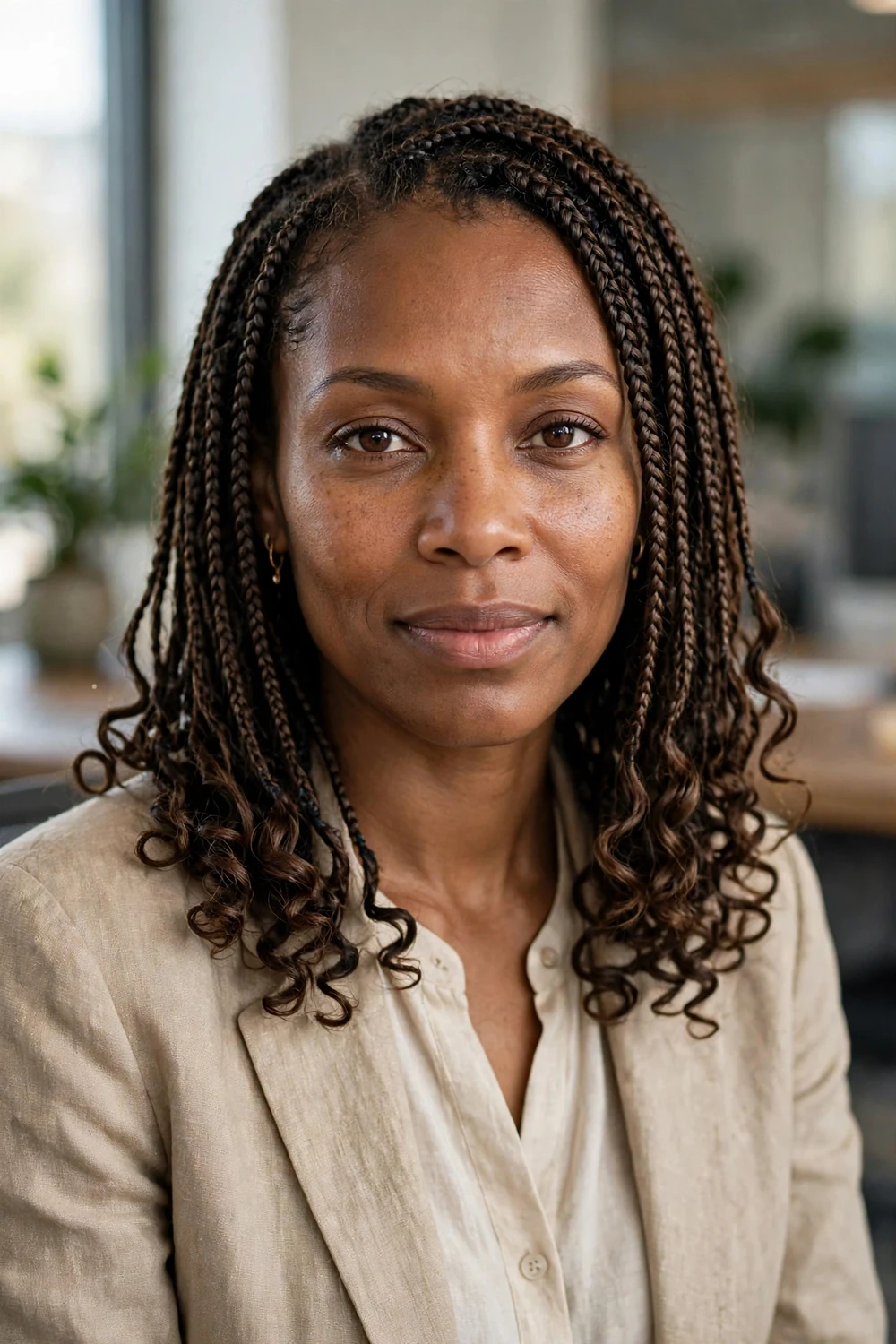 Black woman with jumbo boho braids, thick braids with voluminous curls
