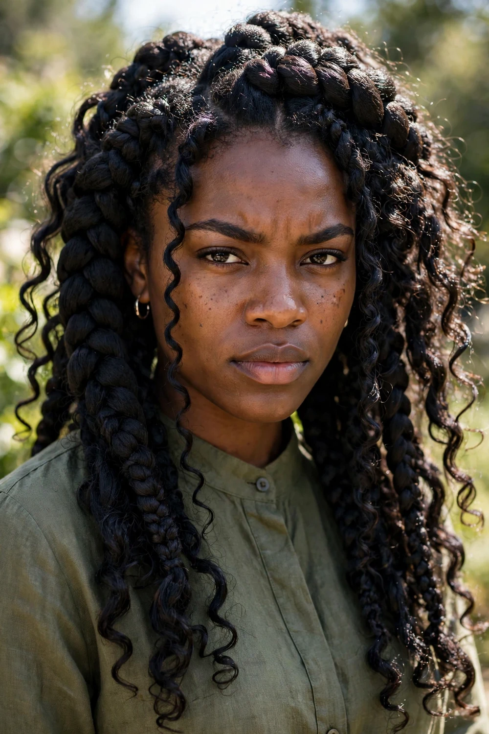Black woman with tiny mini boho braids tied up, delicate braids with curls