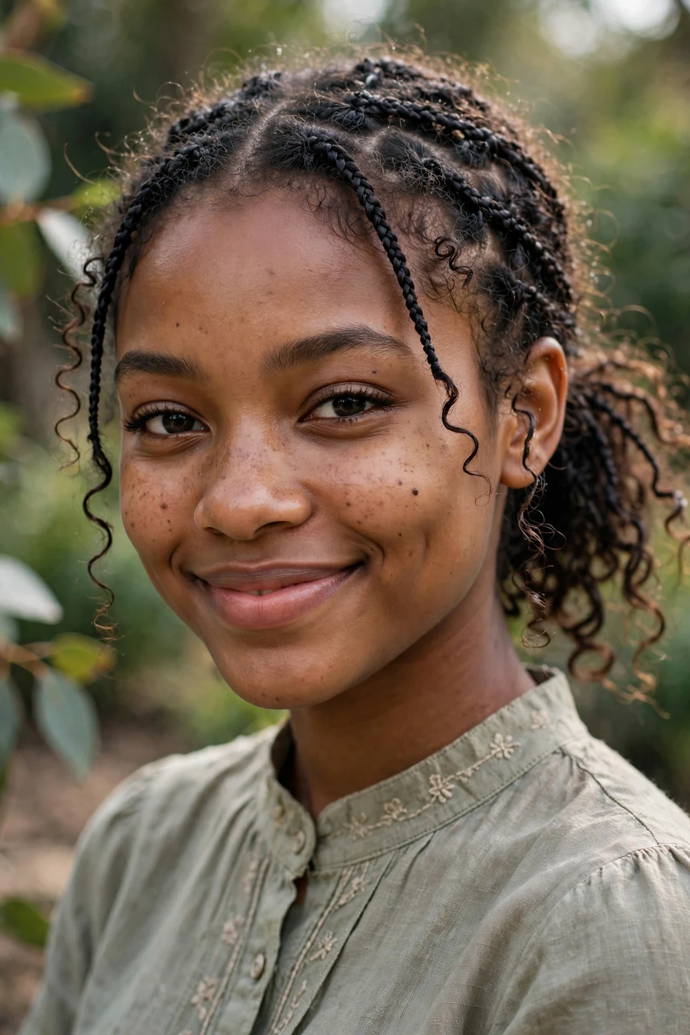 Black woman with shoulder-length boho braids, light practical curly finish