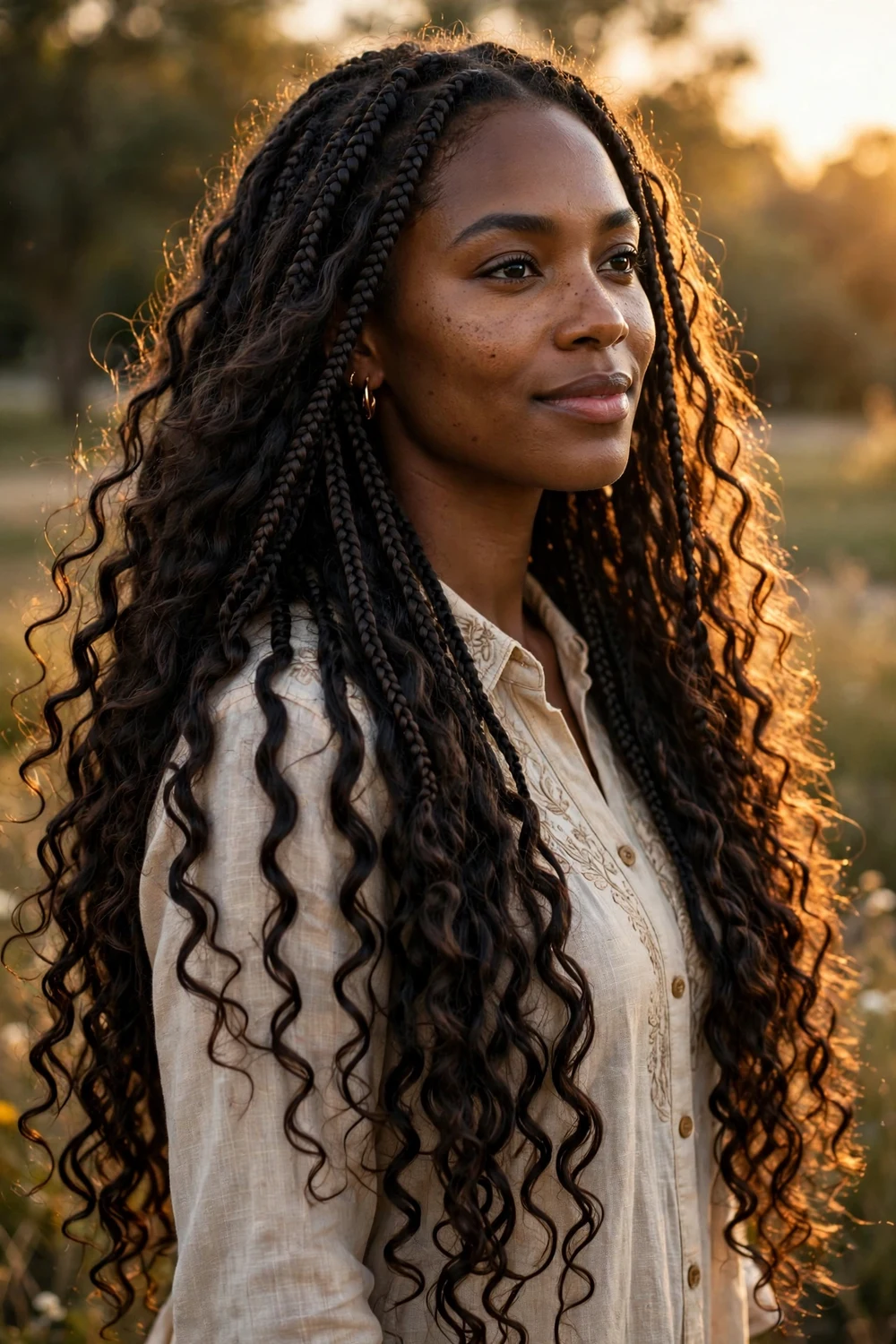 Black woman with waist-length boho braids, dramatic long flowing curls